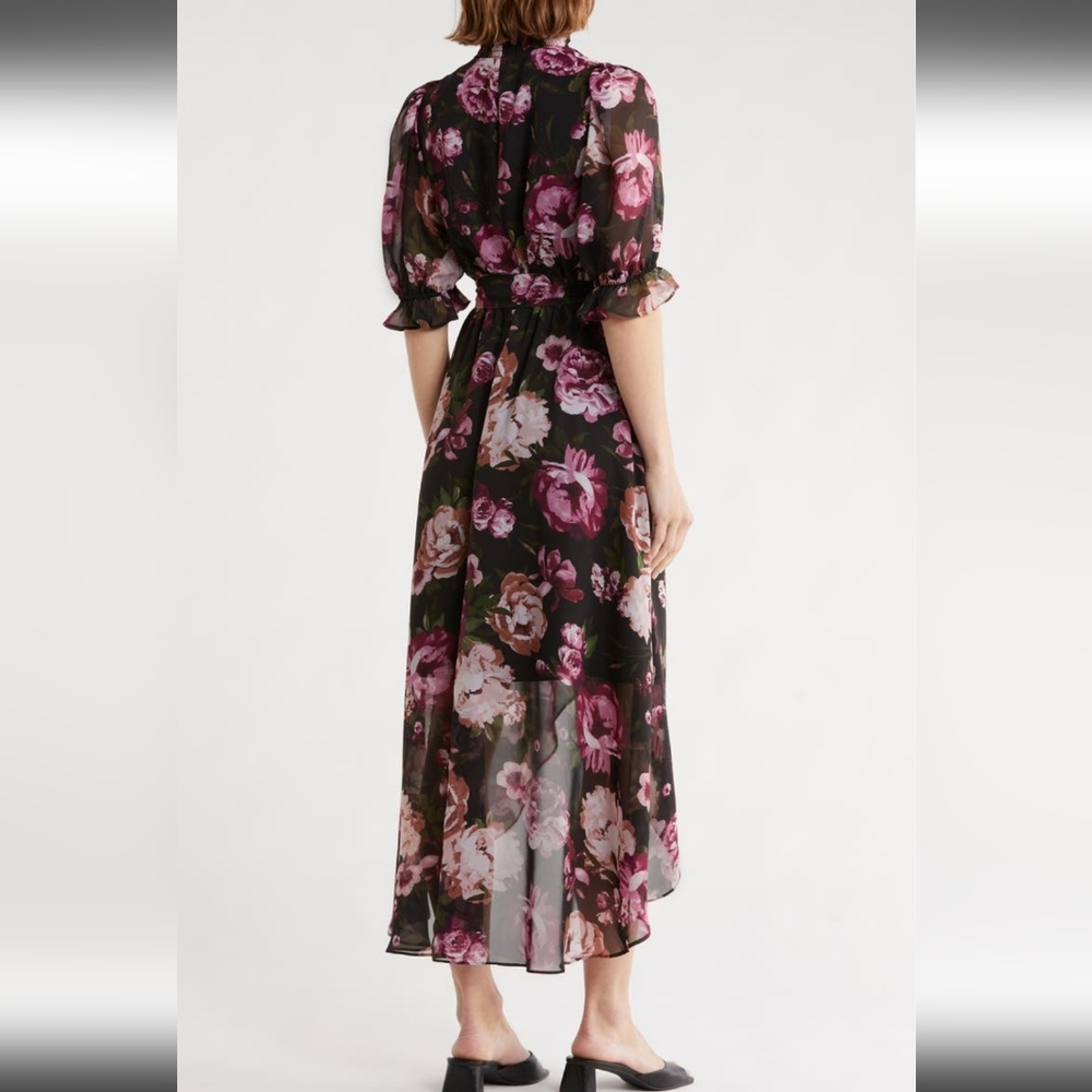Eliza J Black and Purple Floral Long Sleeve Dress Size 4 - Picture 2 of 10